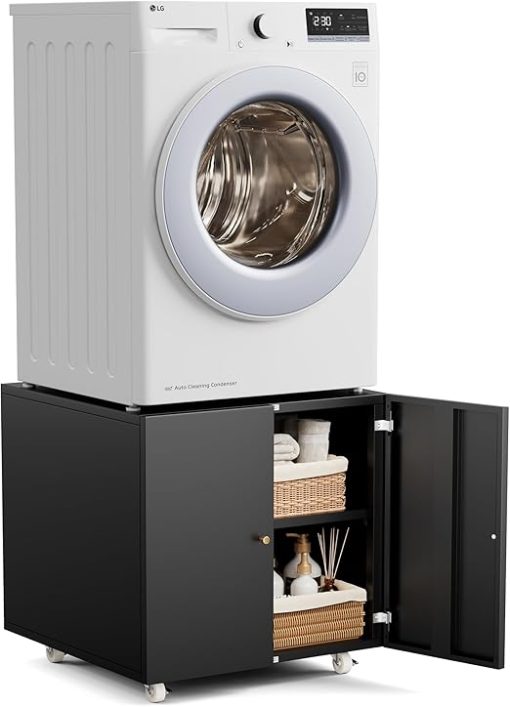 Black Laundry Pedestal with Door and Adjustable Shelf for Storage