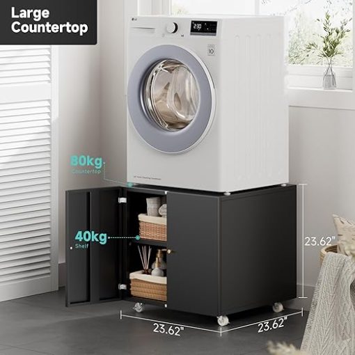 Black Laundry Pedestal with Door and Adjustable Shelf for Storage - Image 2