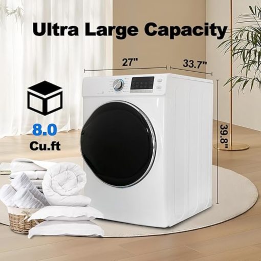 8.0 Cu.Ft Laundry Dryer Large Capacity, 120V Electric Front Load Clothes Dryer Machine, Full Size 27" Stackable Dryer For Home Apartment RV With Wrinkle Care, Smart Sensor Dry Stainless-Steel Drum - Image 2